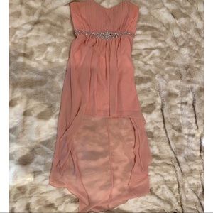 Pink strapless high low corset dress with shawls